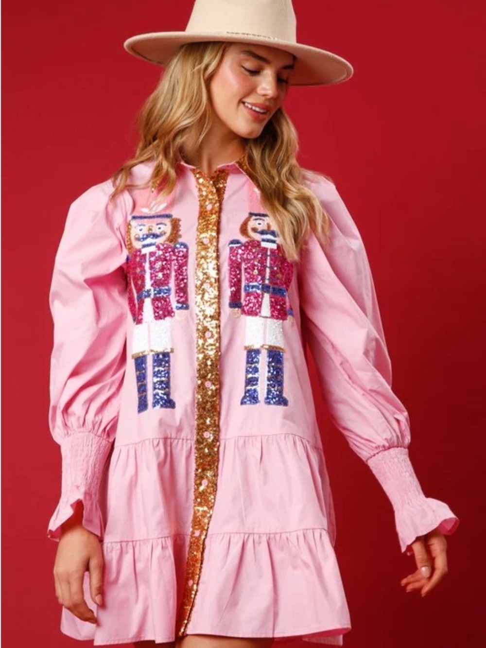 NWOT Pink Sequin Nutcracker Shirt Dress